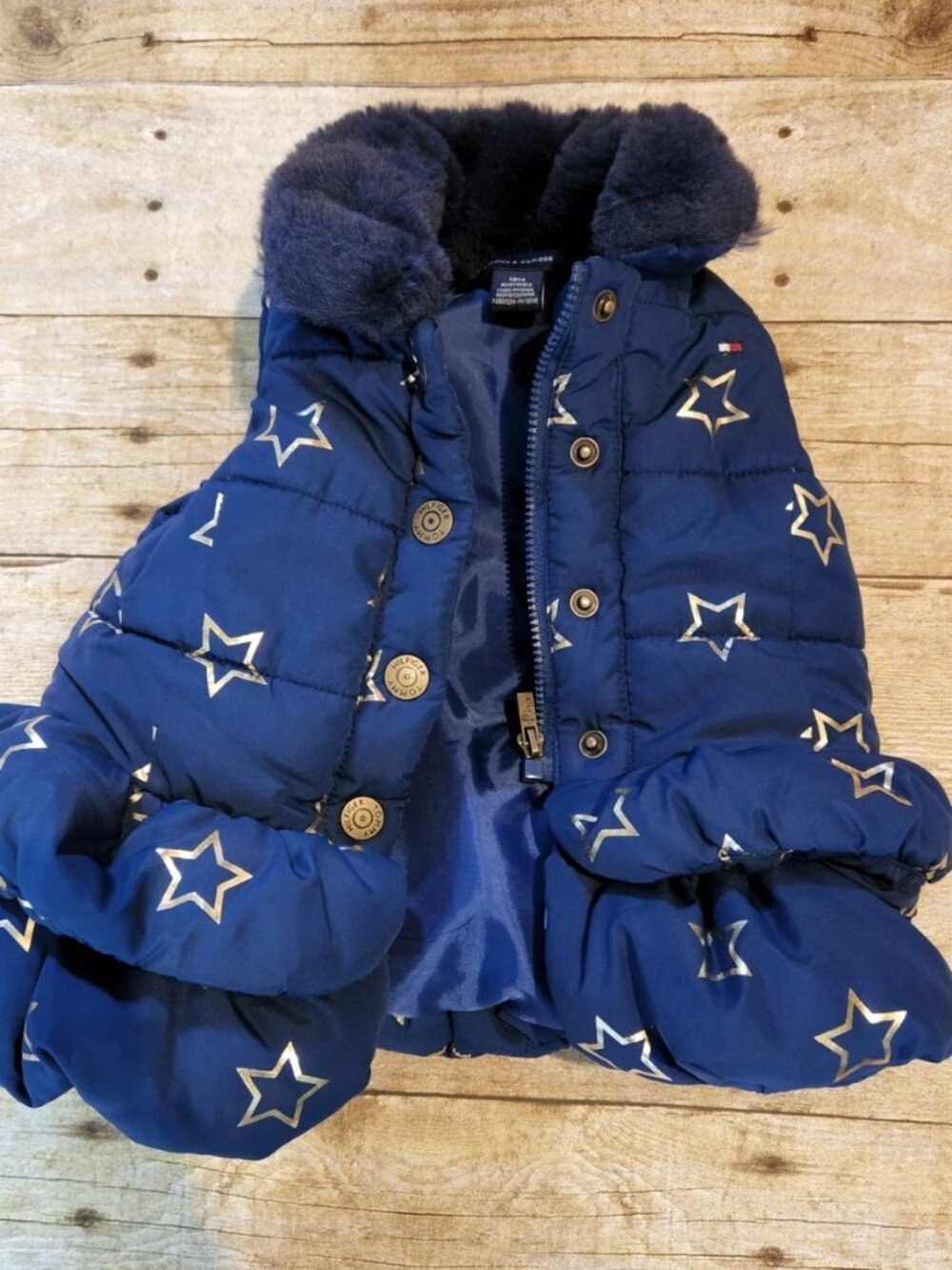 Tommy Hilfiger 12M Girl blue Vest Jacket with gold stars ruffle winter coat